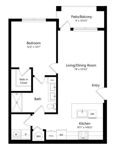 Floor plan for 1 bed, 1 bath, 743 sqft